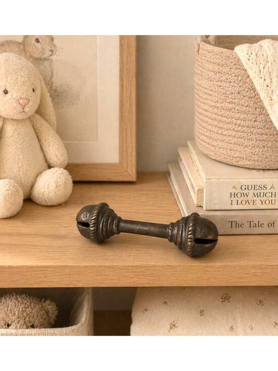 Unknown Other - Antique Brass Baby Rattle Double Bell Primitive Nursery Decor 6 Inch 13 Oz
